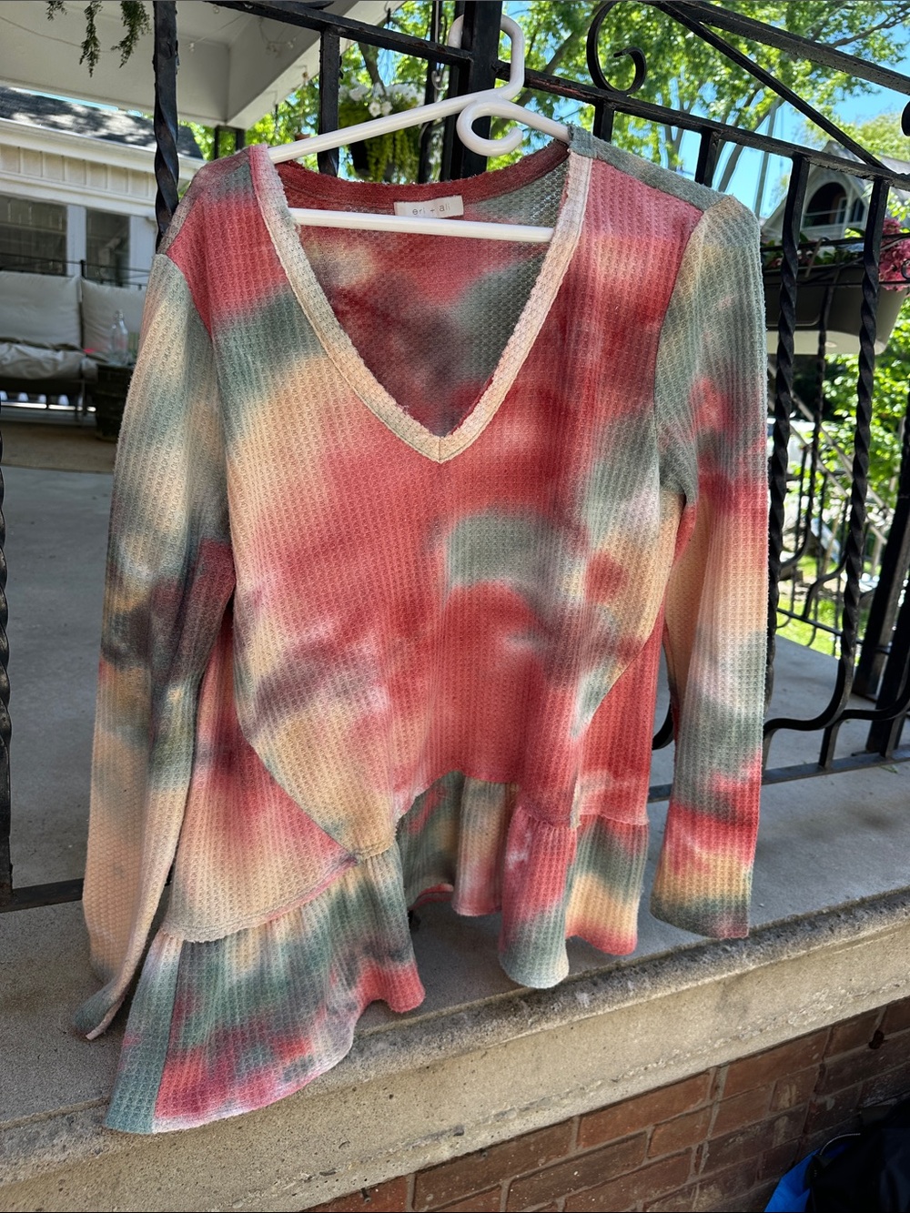 Tie-Dye V-Neck Long Sleeve Peplum Top - Multi-Color